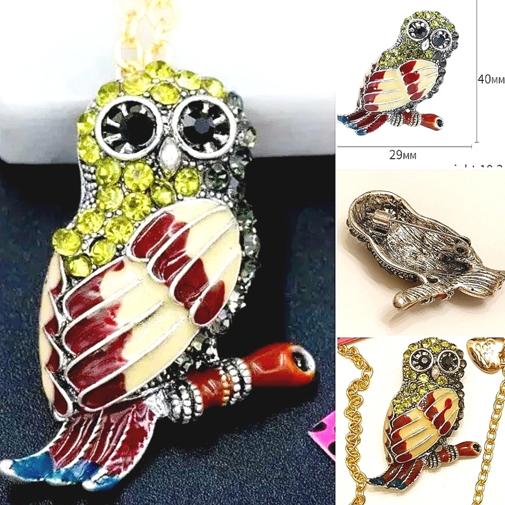 Gold red peach green and black crystal owl necklace brooch